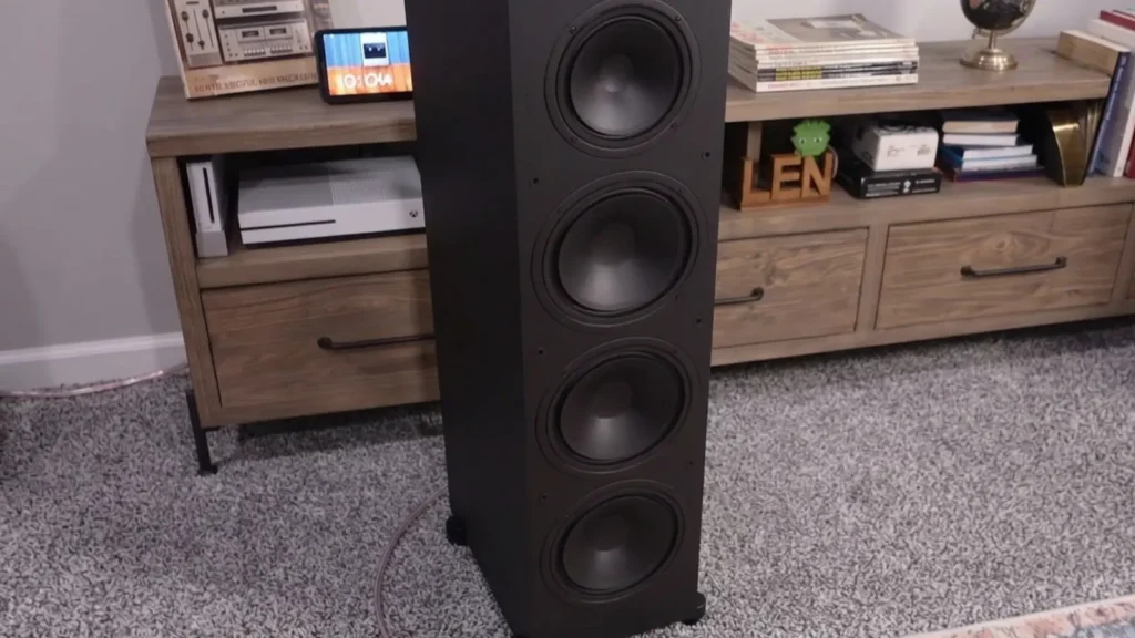 A full view of the matte black Paradigm Monitor SE 8000F floorstanding loudspeaker,