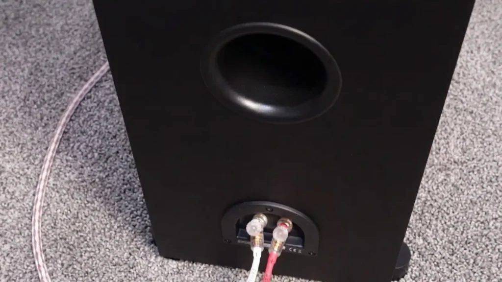 The lower rear panel of the Monitor SE 8000F, featuring a recessed terminal plate with two pairs of sturdy, metal binding posts.