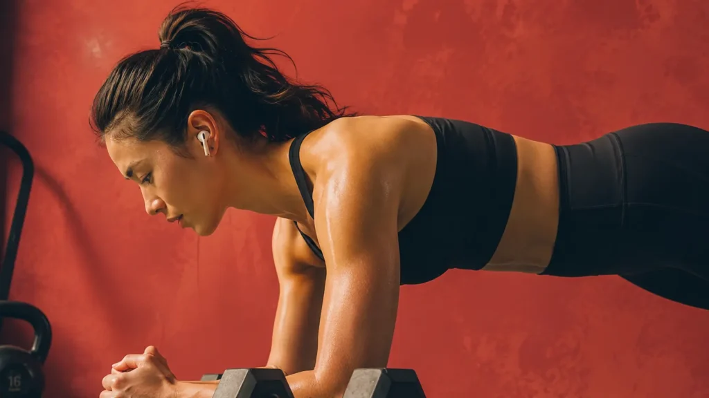 Woman performing a plank exercise while wearing Apple AirPods Pro 3 during a gym workout.