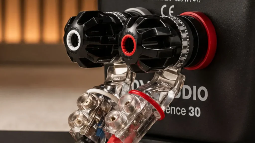 Closer Look of Dynaudio Confidence 30 speaker terminals while plugging the wires