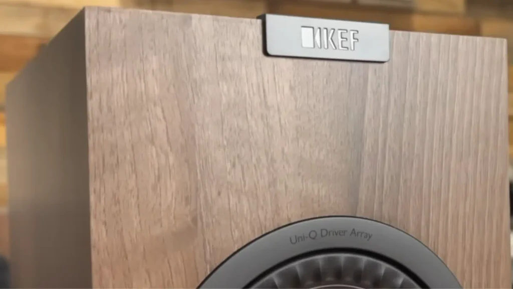Closer look of KEF Q1 Meta logo in my review for ampreviews